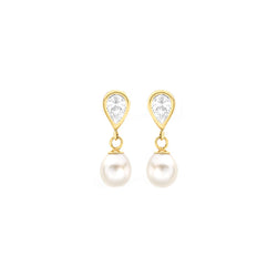 9ct Yellow Gold Pearl and CZ Teardrop Earrings