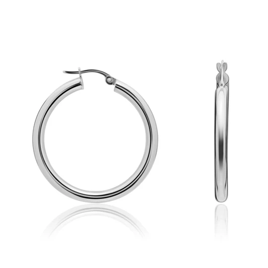 9ct White Gold Round Polished Hoop Earring front and side