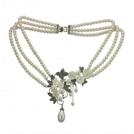 Triple Pearl Strand with Silver Flower Design PNN021