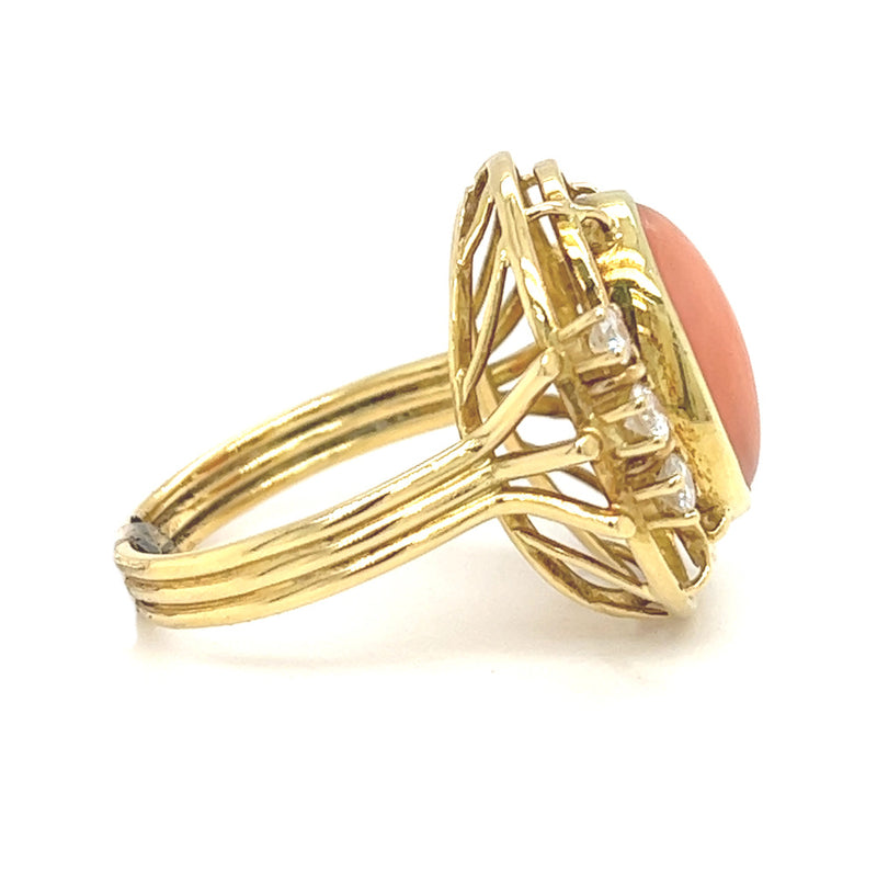 Pre Owned Coral & Diamond Ring 18ct Gold