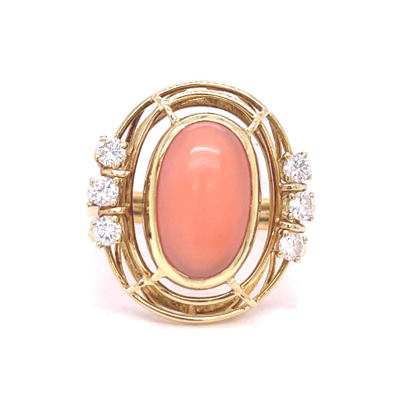 Pre Owned Coral & Diamond Ring 18ct Gold