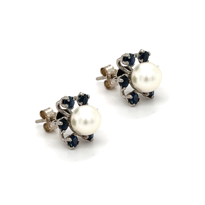 Pre Owned Pearl & Sapphire Earrings 18ct White Gold
