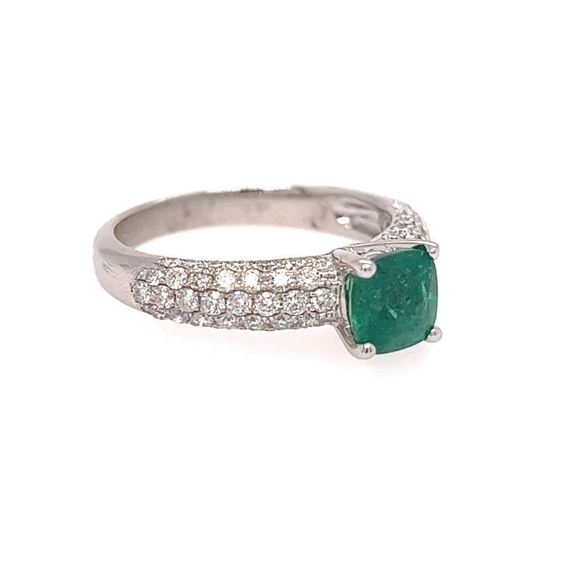 Square Emerald & Pave Diamond Ring 18ct White Gold Side