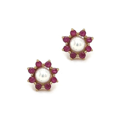 Ruby & Pearl Cluster Earrings 9ct Gold
