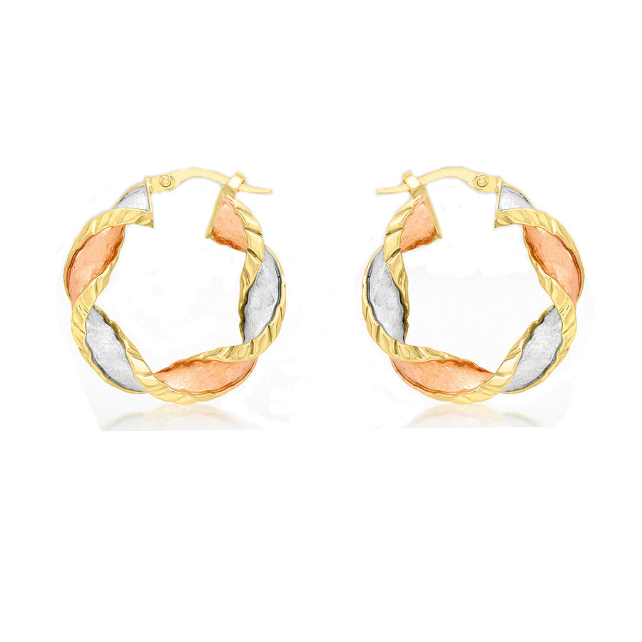 3 Colour Twist Creole Earrings 9ct Gold