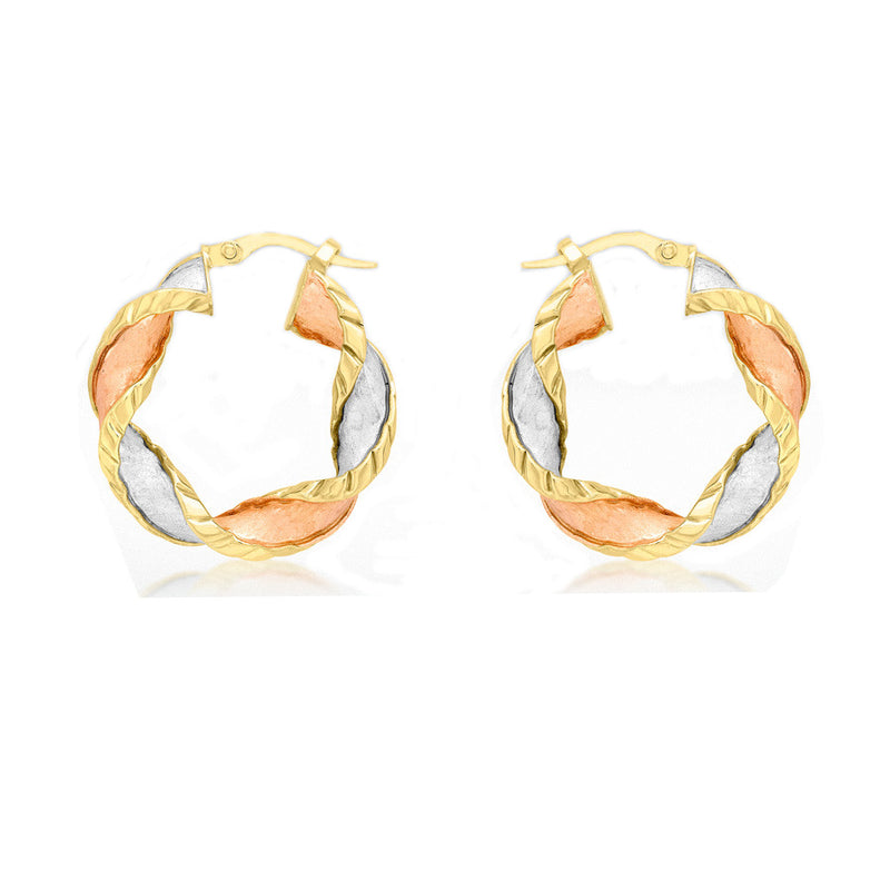 3 Colour Twist Creole Earrings 9ct Gold