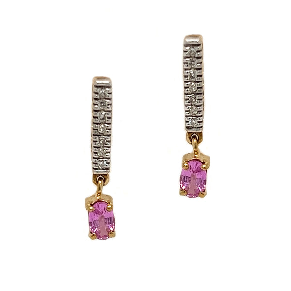 9ct Gold Oval Pink Sapphire & Diamond Drop Earrings