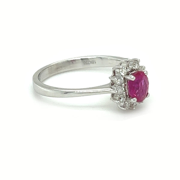 18ct White Gold Oval Ruby & Diamond Cluster Ring SIDE
