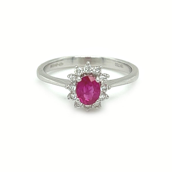 18ct White Gold Oval Ruby & Diamond Cluster Ring