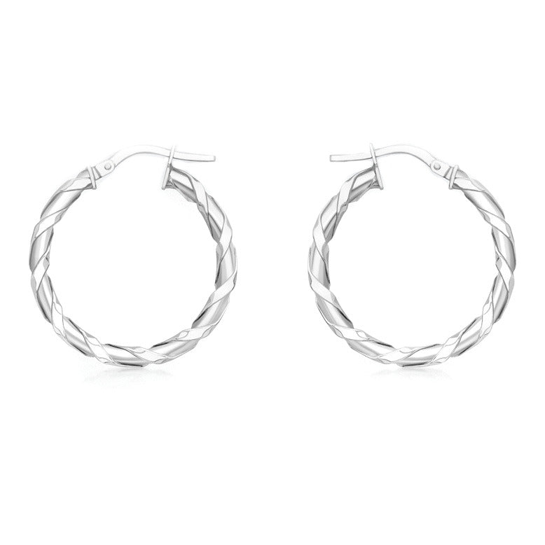 9ct White Gold 25mm Flat Twist Creole Earrings