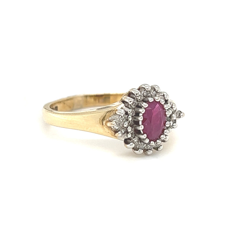 Ruby & Diamond Oval Cluster Ring 9ct Gold SKIDE