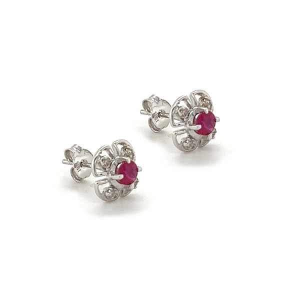 18ct White Gold Round Ruby & Diamond Cluster Earrings side