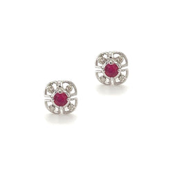 18ct White Gold Round Ruby & Diamond Cluster Earrings