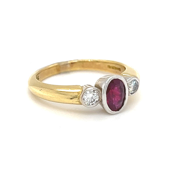 Ruby & Diamond 3 Stone Ring 18ct Gold