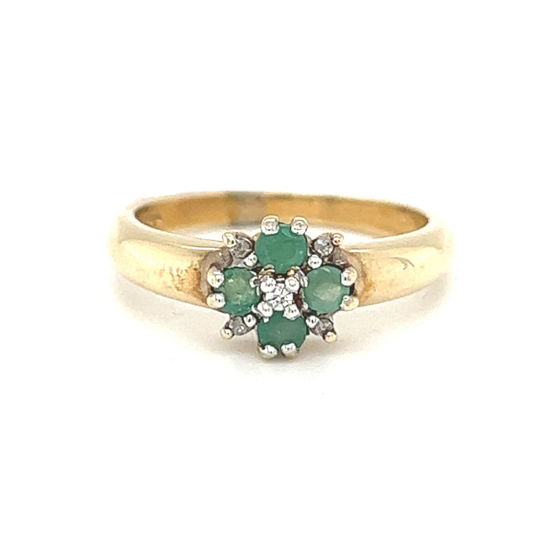 4 Stone Emerald & Diamond Ring 9ct Yellow Gold