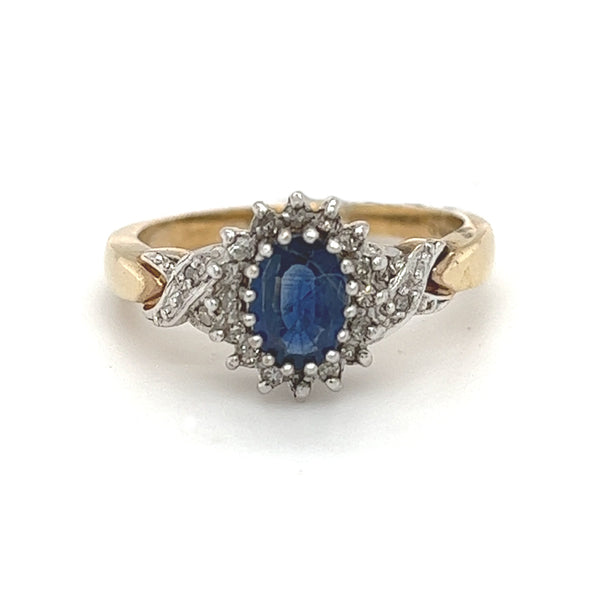 Sapphire & Diamond Oval Cluster Ring 9ct Gold