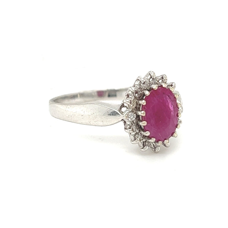 Ruby & Diamond Oval Cluster Ring 9ct White Gold