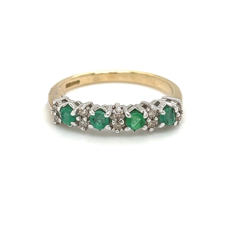Emerald & Diamond 14 Stone Eternity Ring 9ct Yellow Gold front