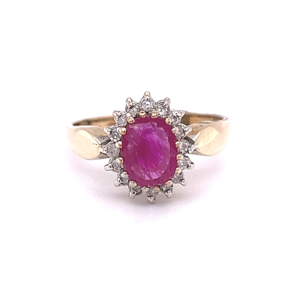 Ruby & Diamond Oval Cluster Ring 9ct Gold