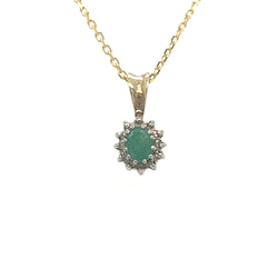 9ct Gold Classic Oval Emerald & Diamond Cluster Pendant