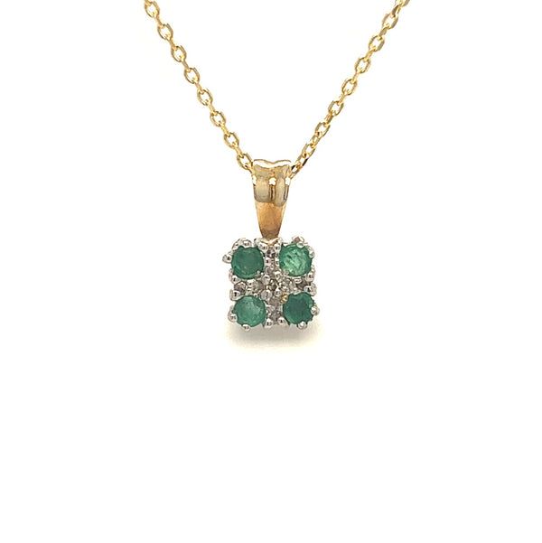 9ct Gold Emerald & Diamond Square Pendant