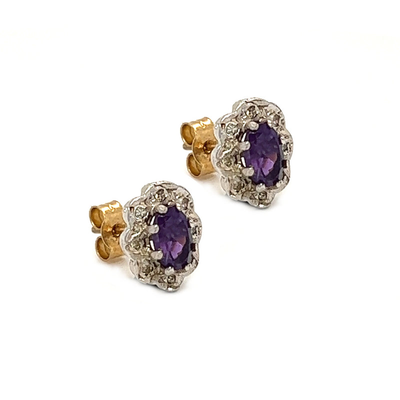 9ct Gold Amethyst & Diamond Cluster Earrings