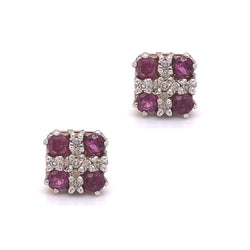 Ruby & Diamond Square Cluster Earrings 9ct Gold