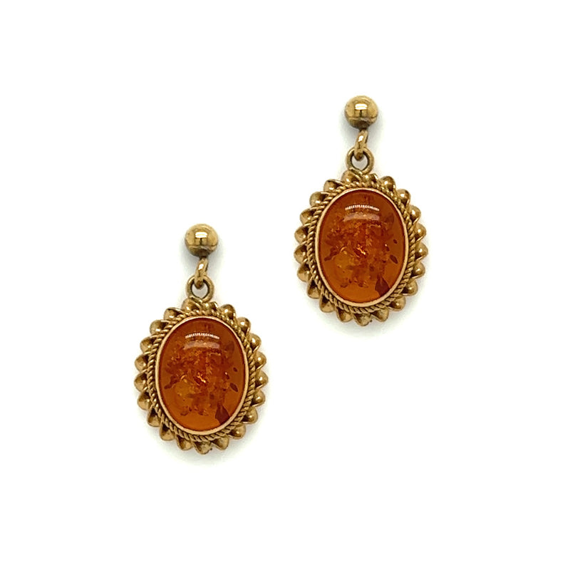 9ct Gold Oval Amber Drop Earrings