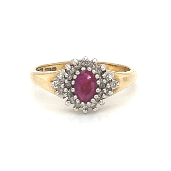 Ruby & Diamond Oval Cluster Ring 9ct Gold