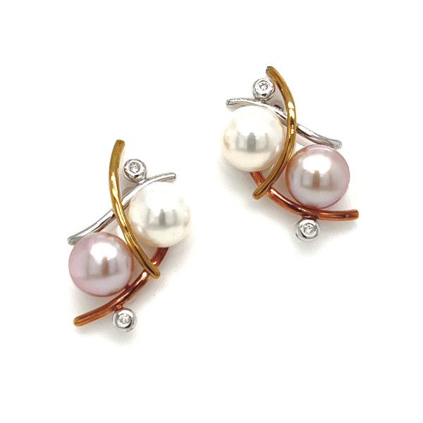 9ct Three Colour Gold Pearl & Diamond Earrings