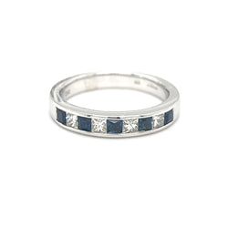 Sapphire & Diamond 9 Stone Princess Cut Eternity Ring 18ct White Gold front