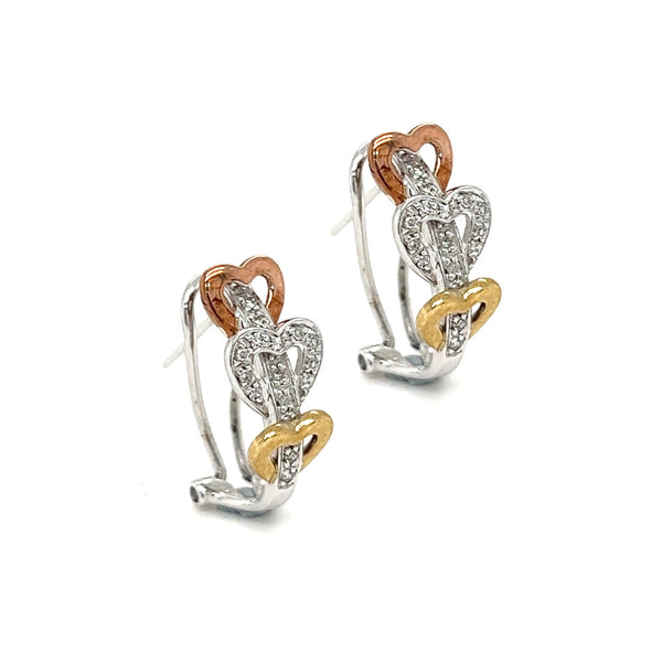9ct 3 Colour Gold Diamond Heart Half Hoop Earrings