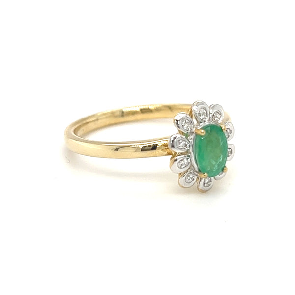 Emerald & Diamond Oval Cluster Ring 9ct Yellow Gold