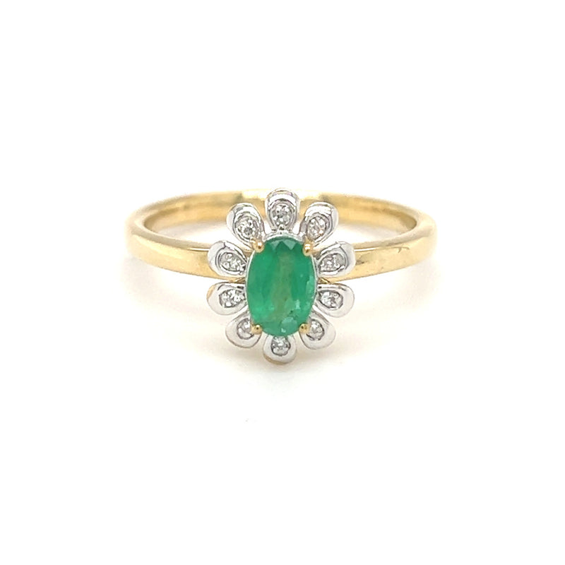 Emerald & Diamond Oval Cluster Ring 9ct Yellow Gold front
