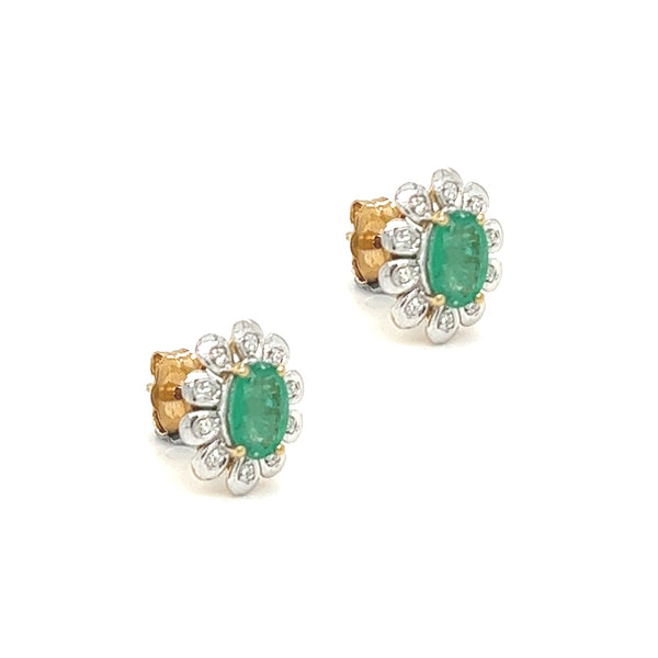 9ct Gold Oval Emerald & Diamond Cluster Earrings by Amore