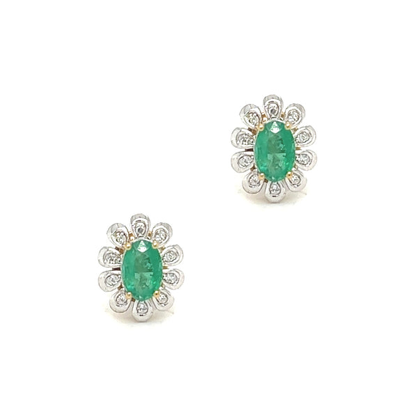 9ct Gold Oval Emerald & Diamond Cluster Earrings by Amore