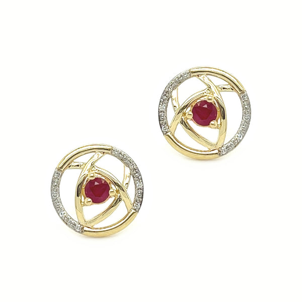 9ct Gold Ruby & Diamond Round Earrings by Amore