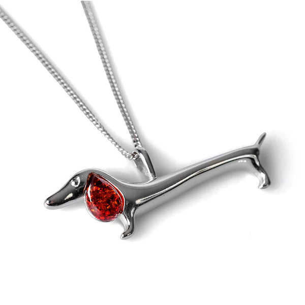 Henryka Dachshund Necklace in Silver and Amber