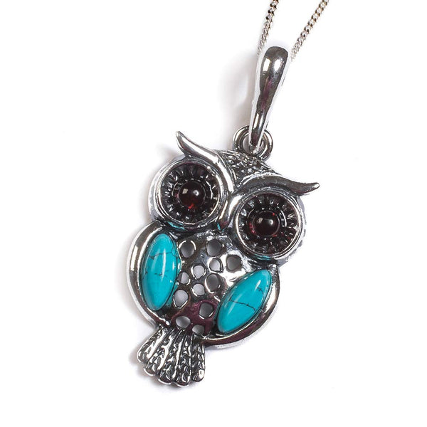 Henryka Wise Owl Necklace in Silver, Turquoise and Amber