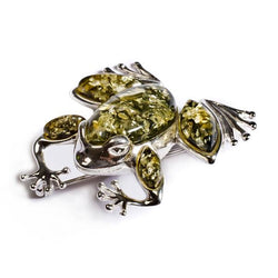 Henryka One Little Speckled Frog Brooch in Silver and Green Amber