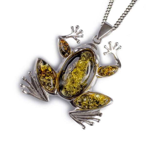 Henryka Little Speckled Frog Necklace in Silver and Green Amber