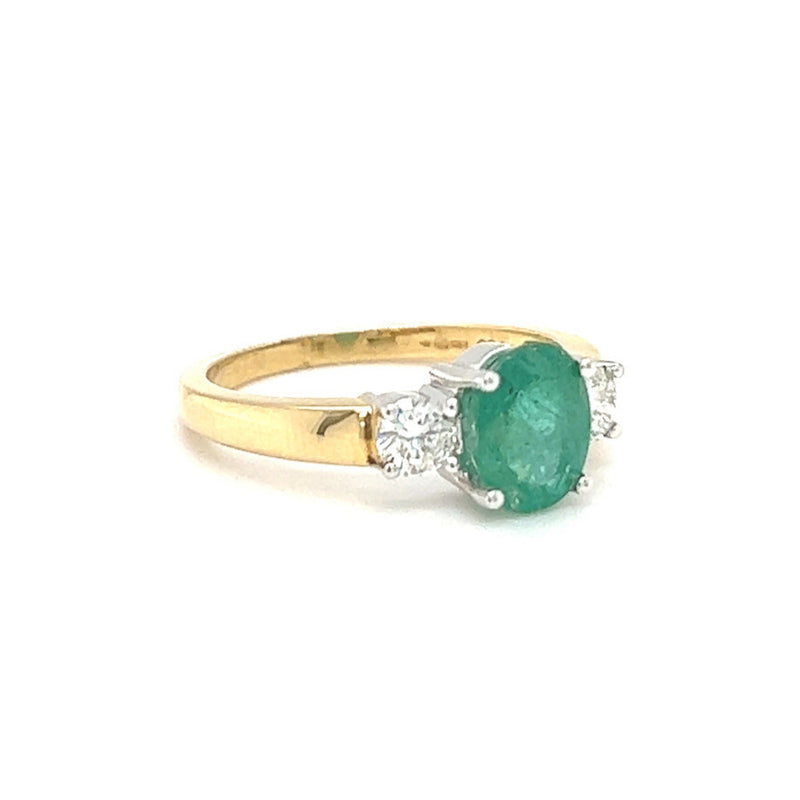 Emerald & Diamond 3 Stone Ring 18ct Yellow Gold