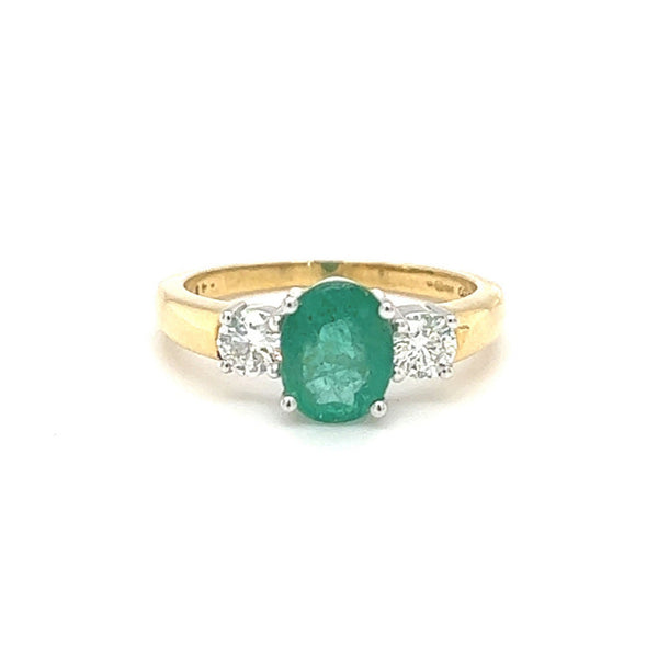 Emerald & Diamond 3 Stone Ring 18ct Yellow Gold front
