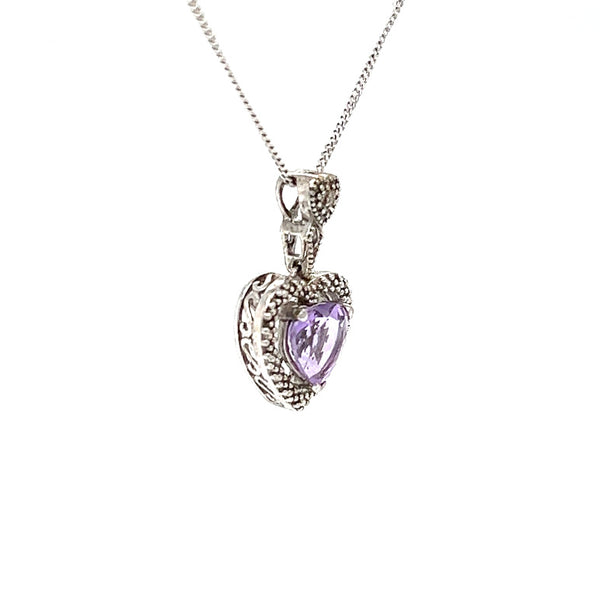 Heart Shaped Amethyst & Diamond 9ct White Gold Pendant side view