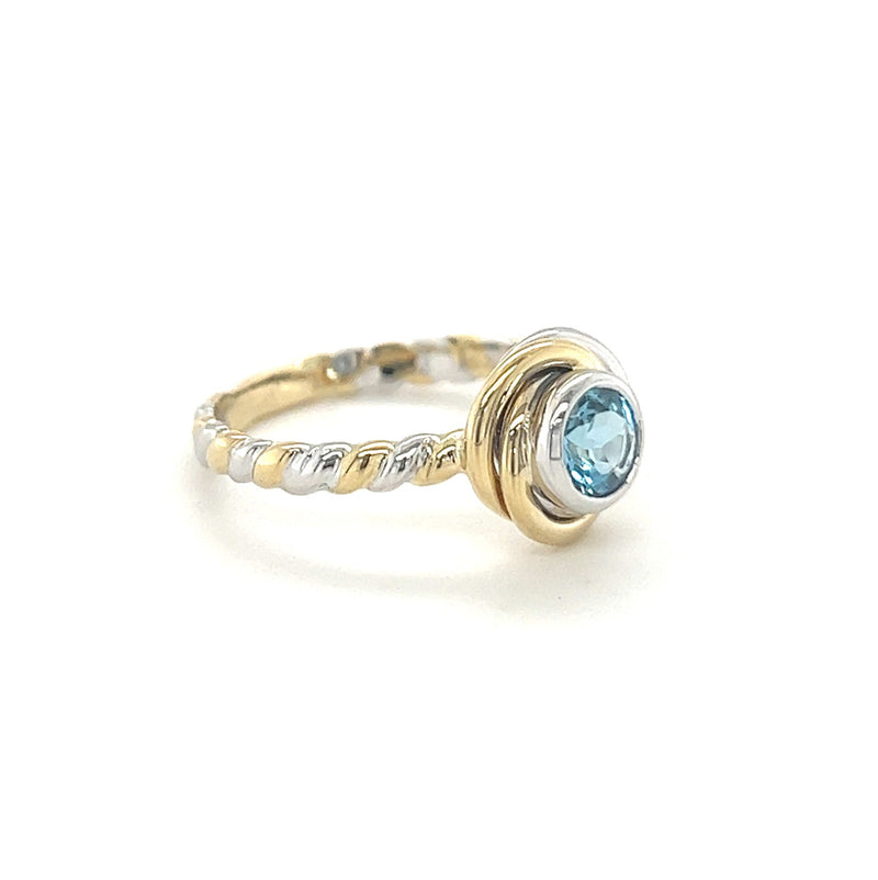 Blue Topaz Knot Ring by Amore 9ct Yellow & White Gold side