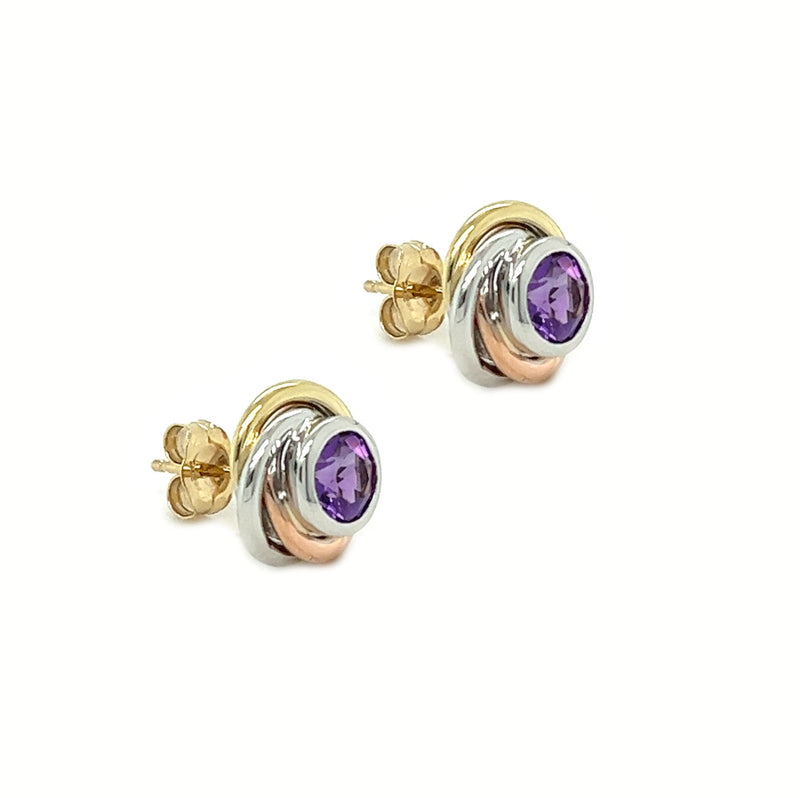 9ct 3 Colour Gold Amethyst Knot Earrings by Amore side