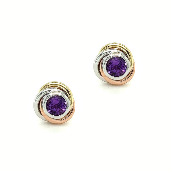 9ct 3 Colour Gold Amethyst Knot Earrings by Amore