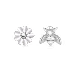 Sterling Silver Bee & Flower Stud Earrings