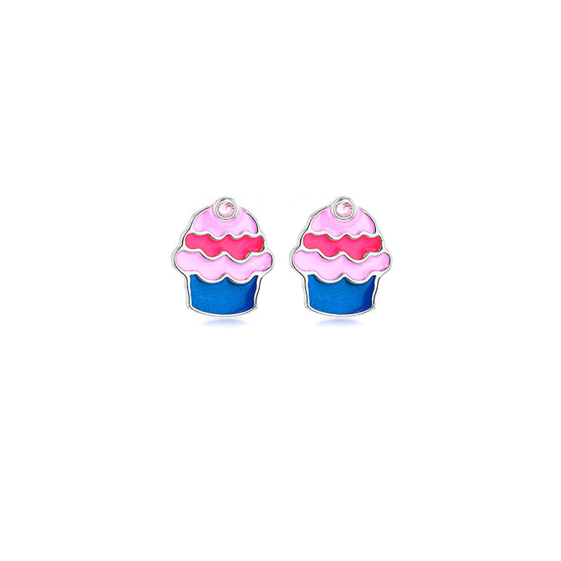 Sterling Silver Enamel Cupcake Stud Children's Earrings