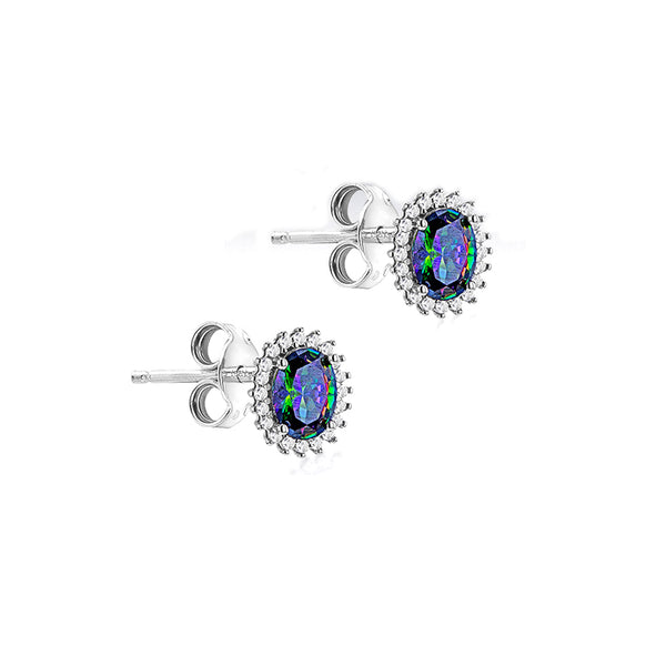 Sterling Silver Aurora Borealis and White CZ  Oval Cluster Stud Earrings